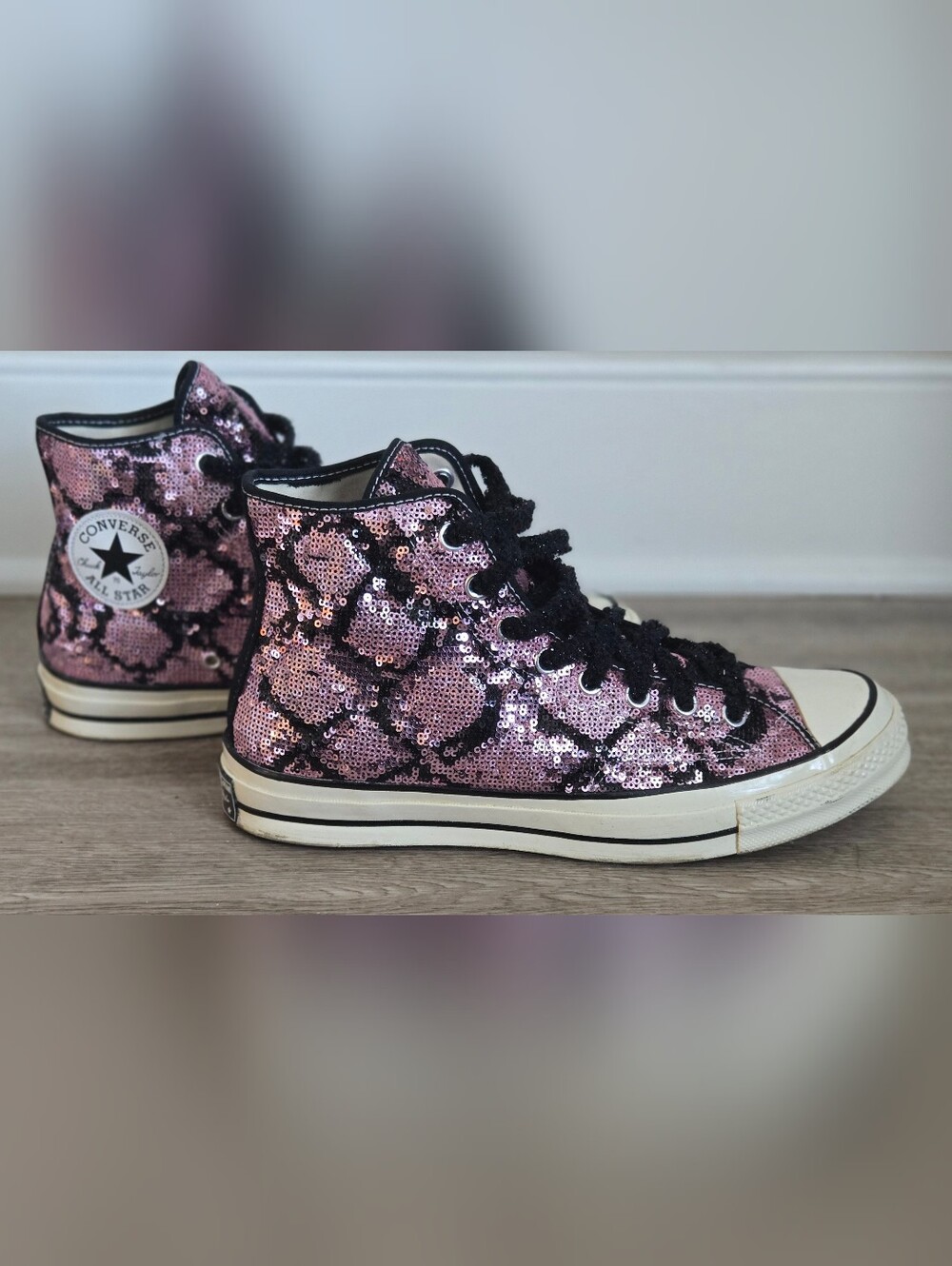 Converse Pink Sequin High-Top Sneakers with Black Accents